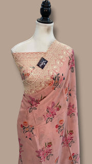 Pure Georgette Handloom Banarasi Saree - Chikankari With Digital Print - The Handlooms