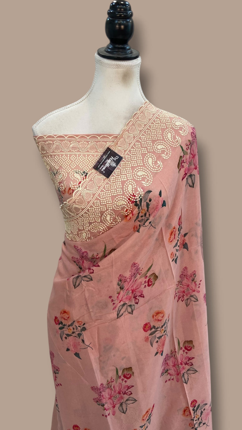 Pure Georgette Handloom Banarasi Saree - Chikankari With Digital Print - The Handlooms