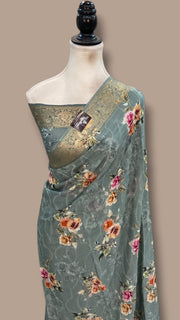 Pure Georgette Handloom Banarasi Saree - Chikankari With Digital Print - The Handlooms