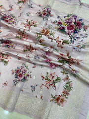 Pure Chiniya Silk Handloom Banarasi Saree Digital Print with Chikankari - The Handlooms