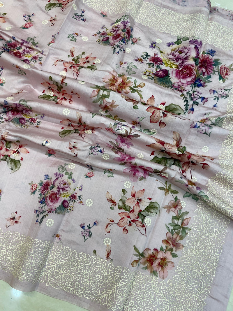 Pure Chiniya Silk Handloom Banarasi Saree Digital Print with Chikankari - The Handlooms