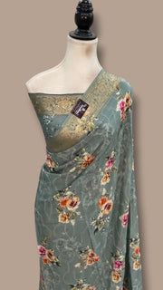 Pure Georgette Handloom Banarasi Saree - Chikankari With Digital Print - The Handlooms
