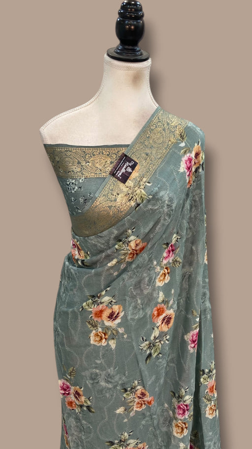 Pure Georgette Handloom Banarasi Saree - Chikankari With Digital Print - The Handlooms
