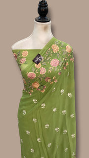 Pure Georgette Chikankari Handloom Banarasi Saree - The Handlooms