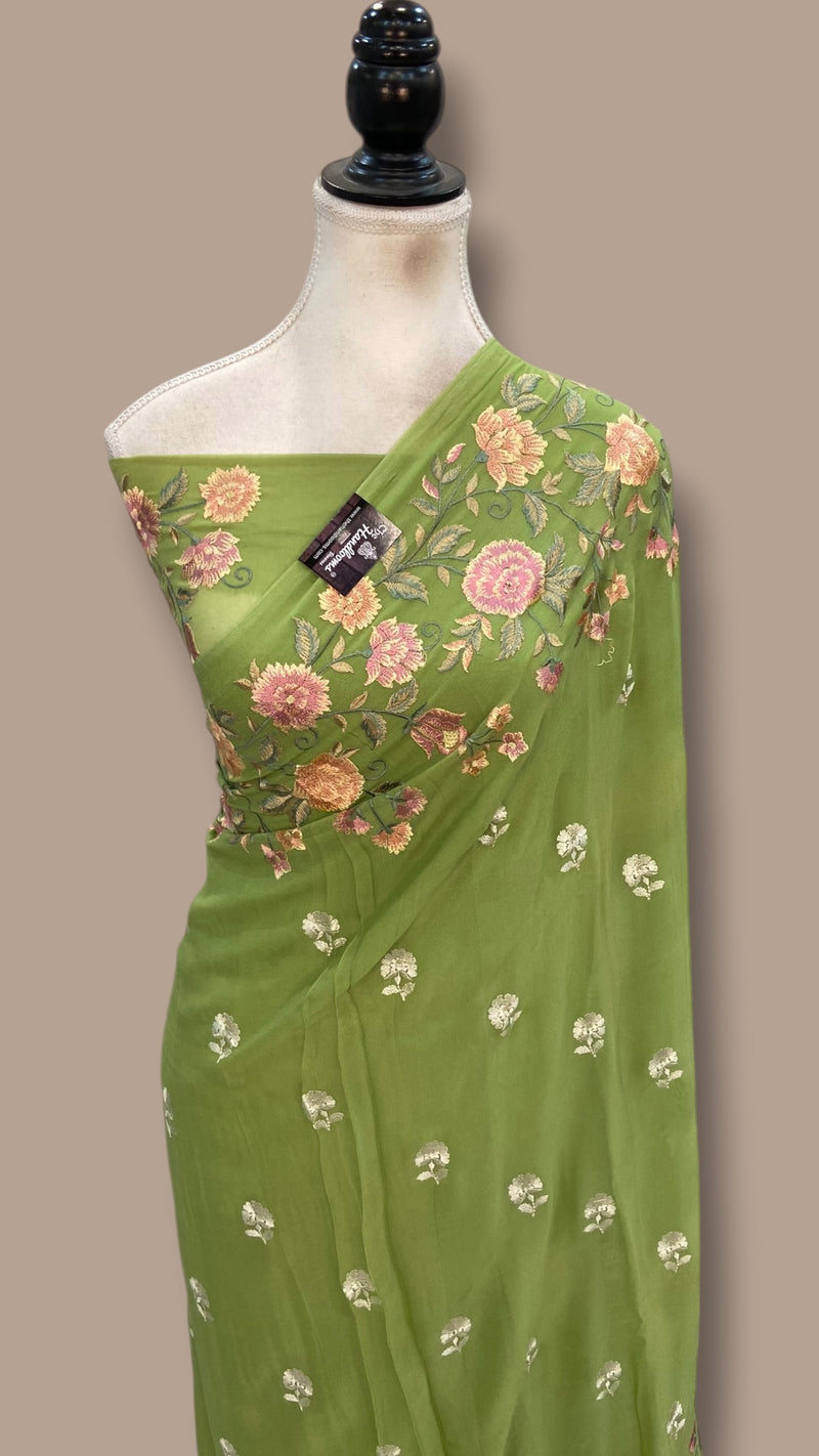Pure Georgette Chikankari Handloom Banarasi Saree - The Handlooms