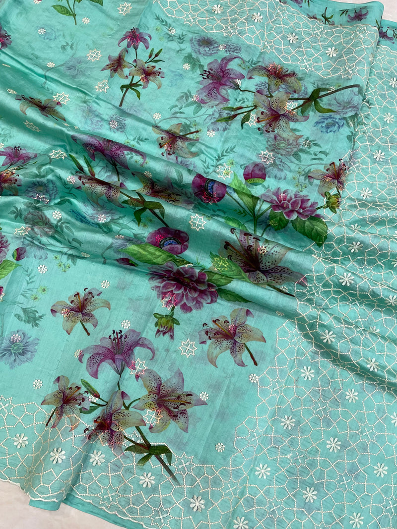 Pure Chiniya Silk Handloom Banarasi Saree Digital Print with Chikankari - The Handlooms