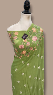 Pure Georgette Chikankari Handloom Banarasi Saree - The Handlooms