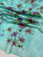 Pure Chiniya Silk Handloom Banarasi Saree Digital Print with Chikankari - The Handlooms