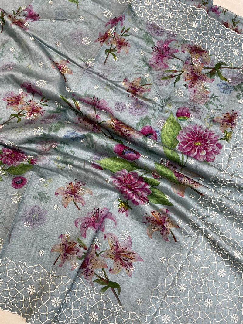 Pure Chiniya Silk Handloom Banarasi Saree Digital Print with Chikankari - The Handlooms