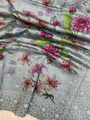 Pure Chiniya Silk Handloom Banarasi Saree Digital Print with Chikankari - The Handlooms