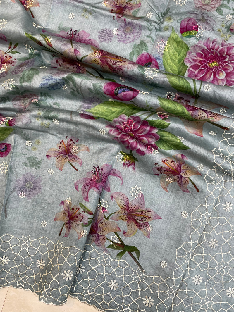 Pure Chiniya Silk Handloom Banarasi Saree Digital Print with Chikankari - The Handlooms