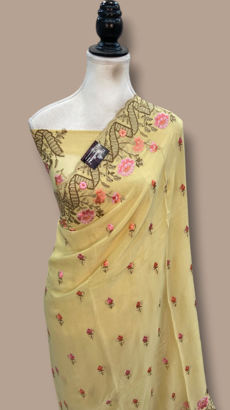 Pure Georgette Chikankari Handloom Banarasi Saree - The Handlooms