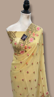 Pure Georgette Chikankari Handloom Banarasi Saree - The Handlooms