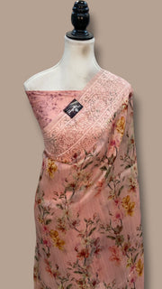 Pure Organza Handloom Banarasi Saree With Digital Print And Chikankari - The Handlooms