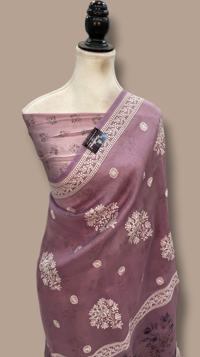 Pure Organza Handloom Banarasi Saree With Digital Print And Chikankari - The Handlooms
