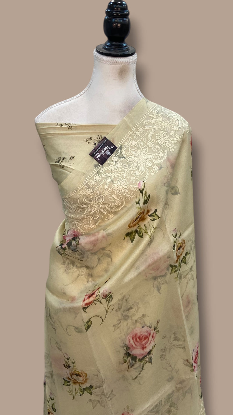 Pure Organza Handloom Banarasi Saree With Digital Print And Chikankari - The Handlooms