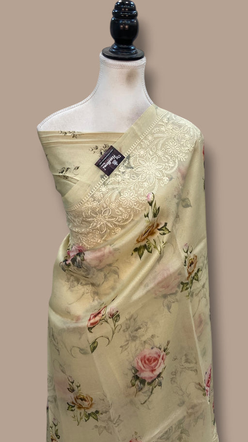 Pure Organza Handloom Banarasi Saree With Digital Print And Chikankari - The Handlooms