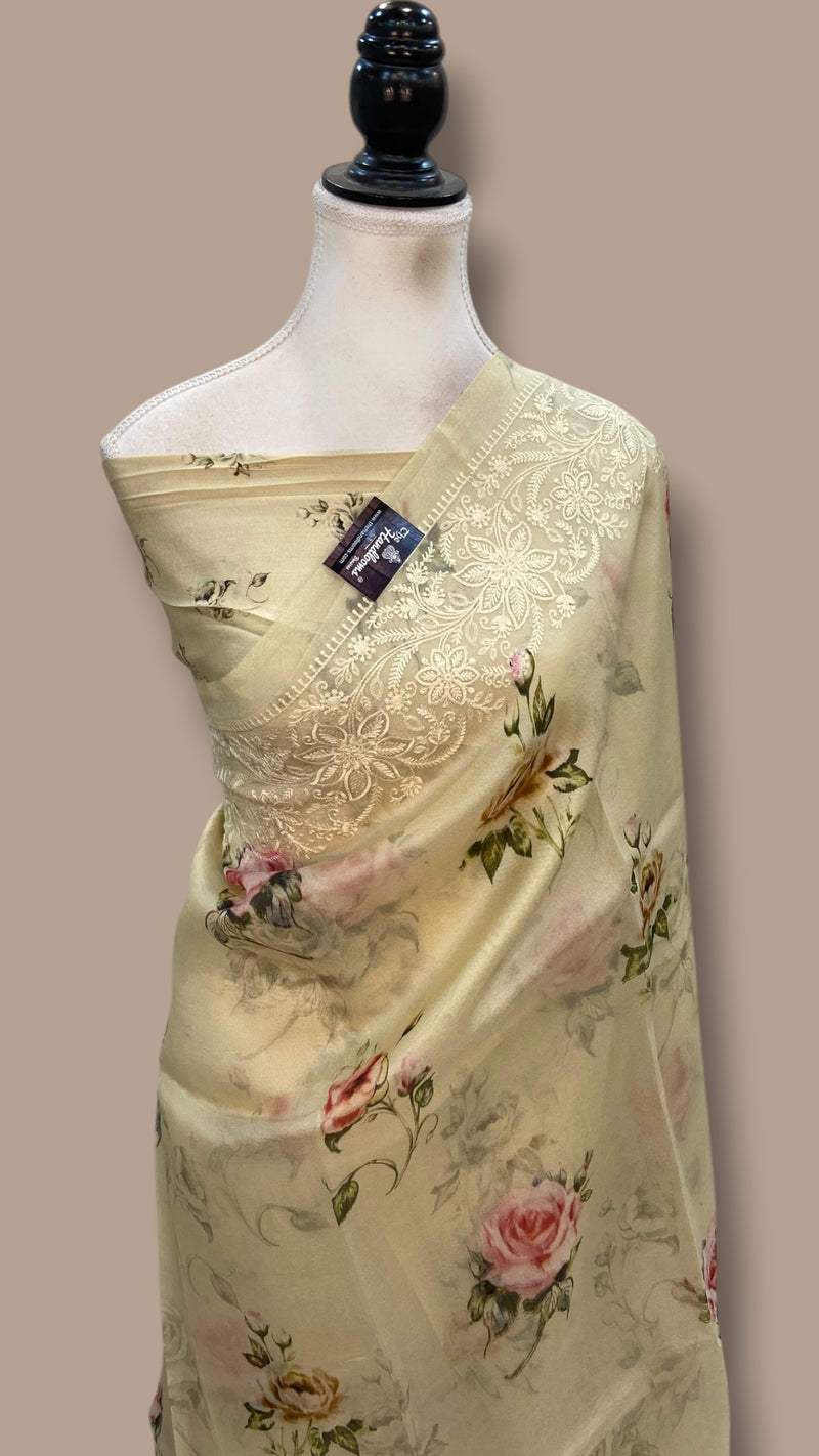 Pure Organza Handloom Banarasi Saree With Digital Print And Chikankari - The Handlooms