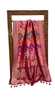 Multicolor Pure Katan Silk Banarasi Handloom Saree - All Over Jaal Work With Rangkart - The Handlooms
