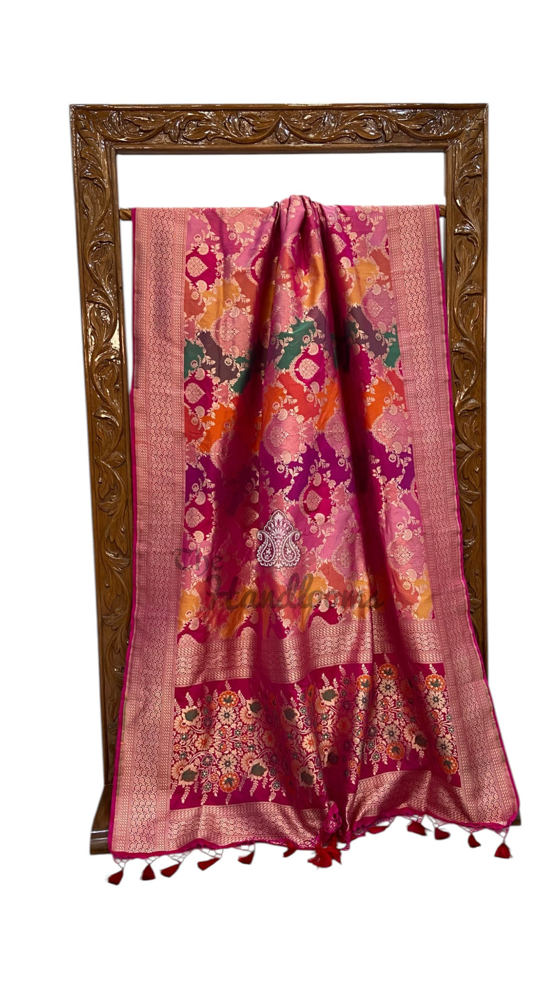 Multicolor Pure Katan Silk Banarasi Handloom Saree - All Over Jaal Work With Rangkart - The Handlooms
