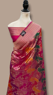 Multicolor Pure Katan Silk Banarasi Handloom Saree - All Over Jaal Work With Rangkart - The Handlooms