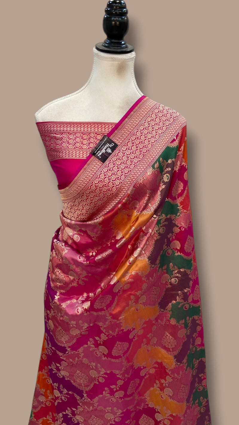 Multicolor Pure Katan Silk Banarasi Handloom Saree - All Over Jaal Work With Rangkart - The Handlooms