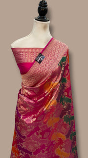 Multicolor Pure Katan Silk Banarasi Handloom Saree - All Over Jaal Work With Rangkart - The Handlooms