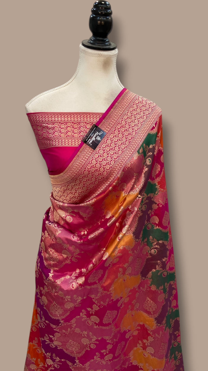 Multicolor Pure Katan Silk Banarasi Handloom Saree - All Over Jaal Work With Rangkart - The Handlooms
