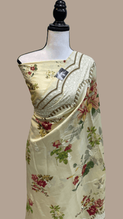 Pure Chiniya Silk Handloom Banarasi Saree Digital Print with Chikankari - The Handlooms