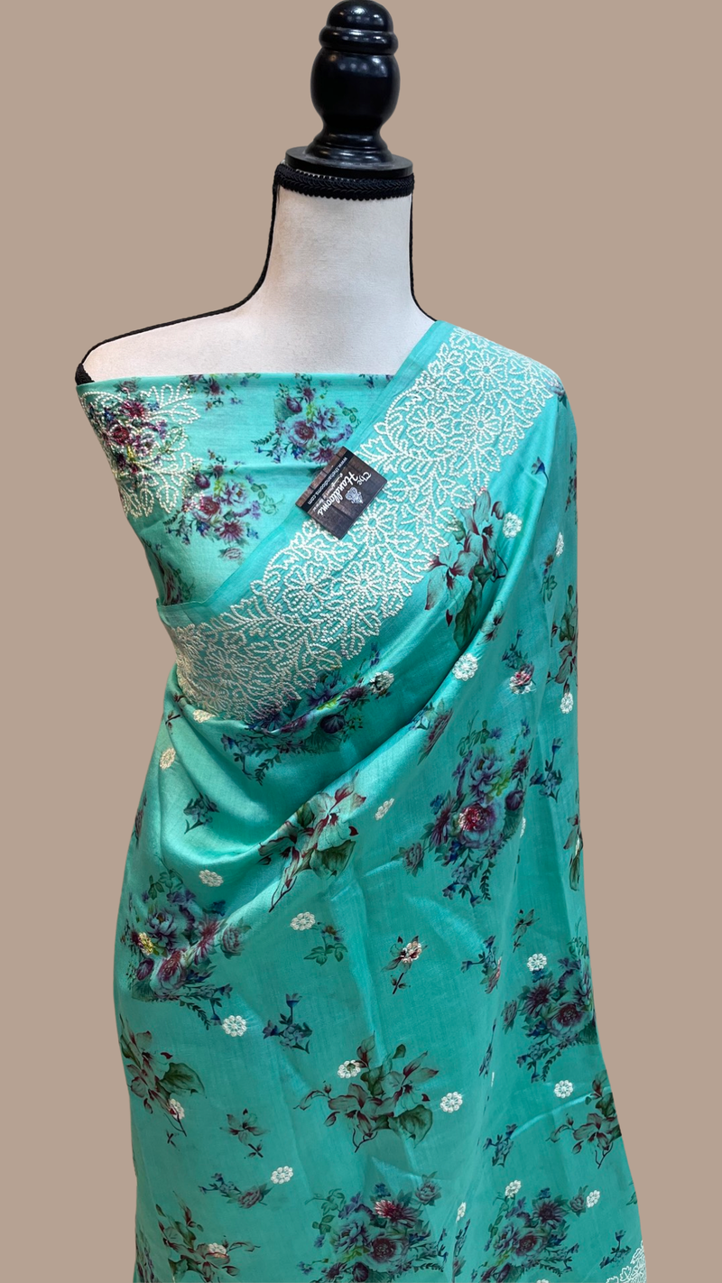 Pure Chiniya Silk Handloom Banarasi Saree Digital Print with Chikankari - The Handlooms