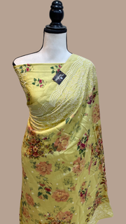 Pure Chiniya Silk Handloom Banarasi Saree Digital Print with Chikankari - The Handlooms