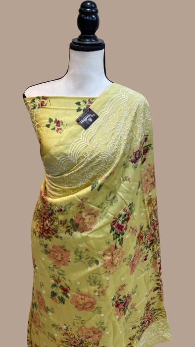 Pure Chiniya Silk Handloom Banarasi Saree Digital Print with Chikankari
