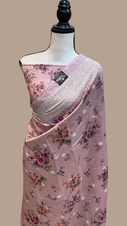 Pure Chiniya Silk Handloom Banarasi Saree Digital Print with Chikankari - The Handlooms