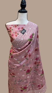 Pure Chiniya Silk Handloom Banarasi Saree Digital Print with Chikankari - The Handlooms
