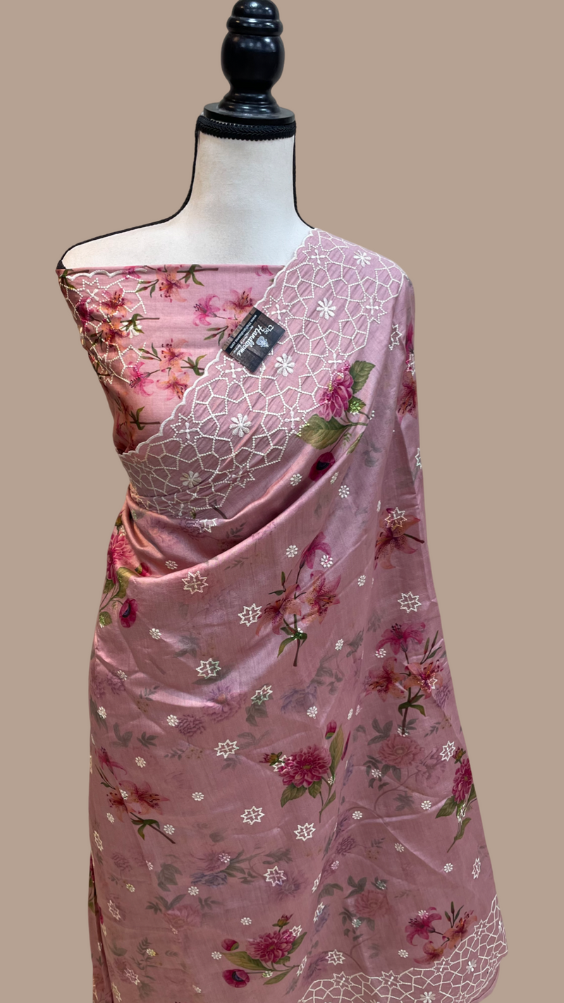 Pure Chiniya Silk Handloom Banarasi Saree Digital Print with Chikankari - The Handlooms