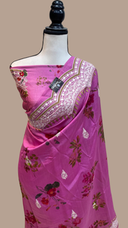 Pure Chiniya Silk Handloom Banarasi Saree Digital Print with Chikankari - The Handlooms