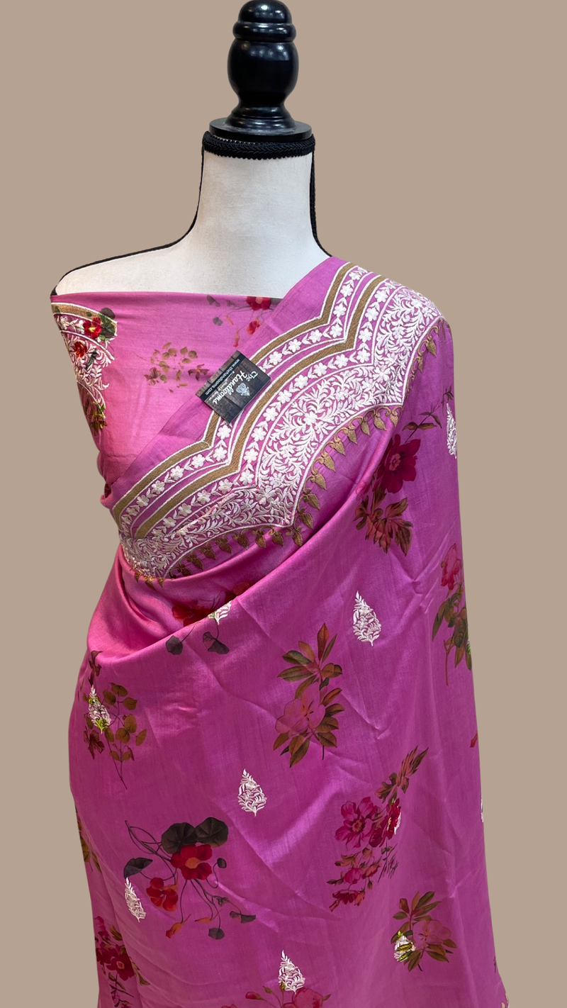 Pure Chiniya Silk Handloom Banarasi Saree Digital Print with Chikankari - The Handlooms