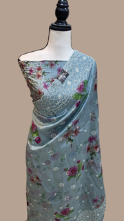 Pure Chiniya Silk Handloom Banarasi Saree Digital Print with Chikankari - The Handlooms