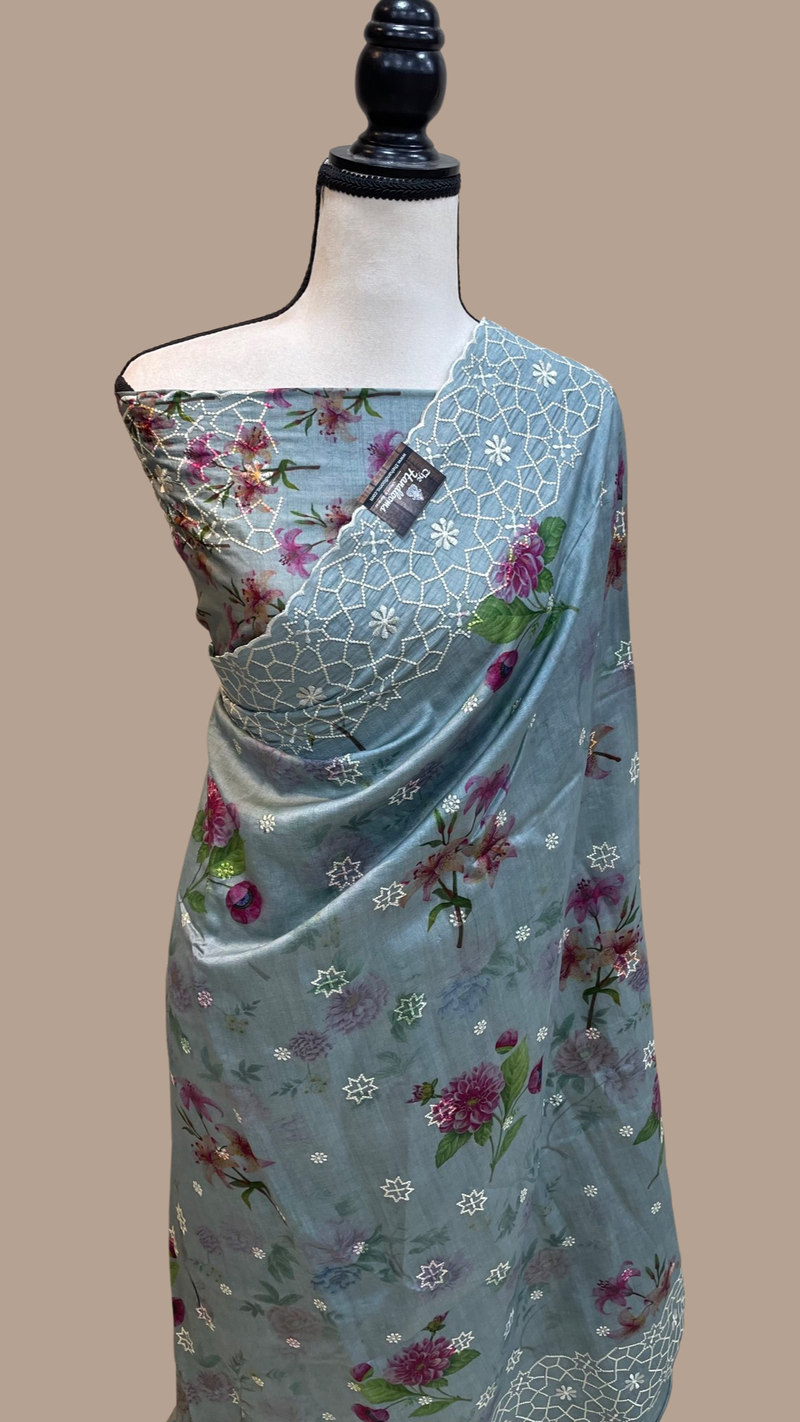Pure Chiniya Silk Handloom Banarasi Saree Digital Print with Chikankari - The Handlooms
