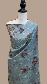 Pure Chiniya Silk Handloom Banarasi Saree Digital Print with Chikankari - The Handlooms