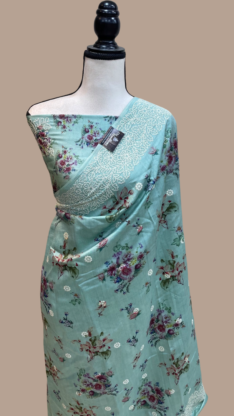 Pure Chiniya Silk Handloom Banarasi Saree Digital Print with Chikankari - The Handlooms