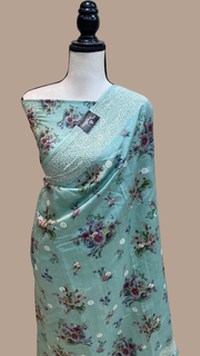 Pure Chiniya Silk Handloom Banarasi Saree Digital Print with Chikankari - The Handlooms