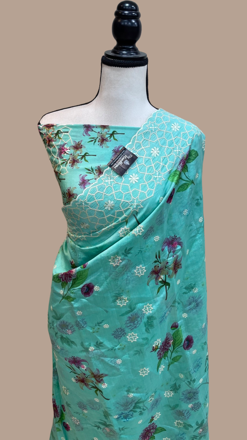 Pure Chiniya Silk Handloom Banarasi Saree Digital Print with Chikankari - The Handlooms
