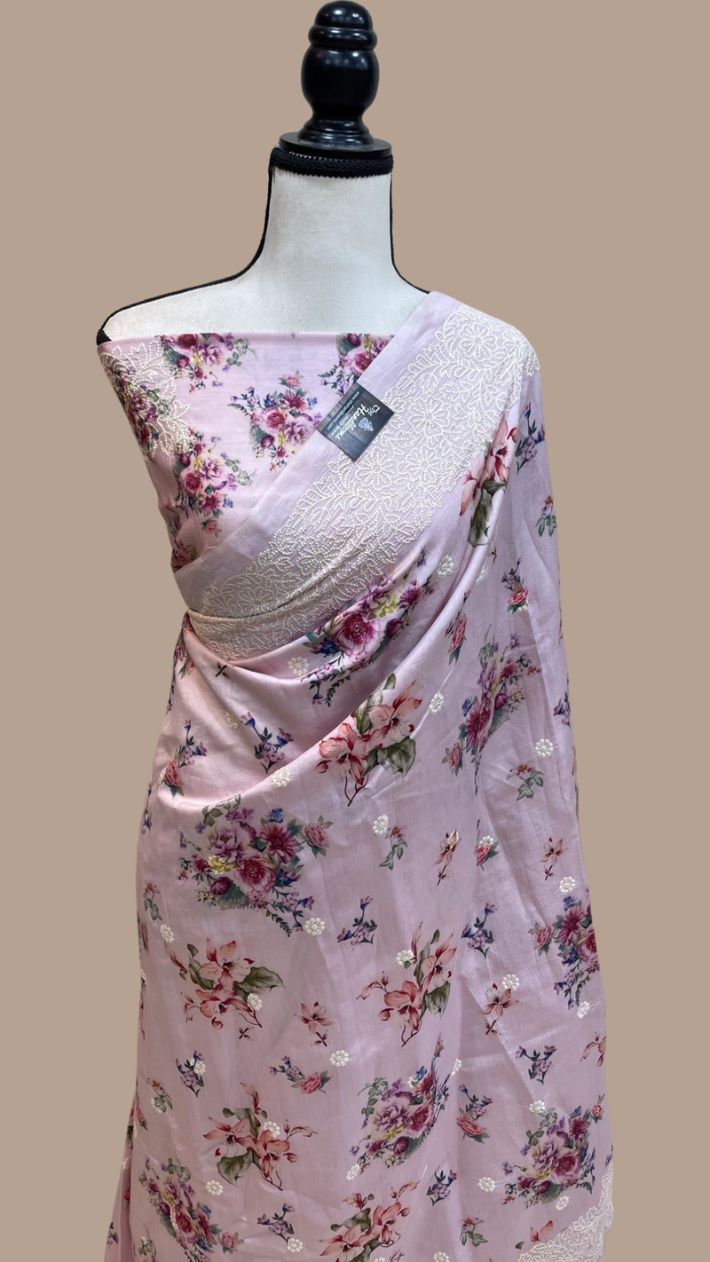 Pure Chiniya Silk Handloom Banarasi Saree Digital Print with Chikankari - The Handlooms