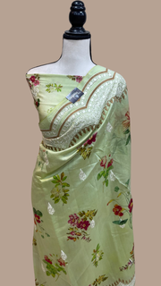 Pure Chiniya Silk Handloom Banarasi Saree Digital Print with Chikankari - The Handlooms