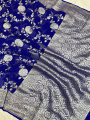 Pure Khaddi Georgette Handloom Banarasi Saree - All over sona roopa Jaal Work - The Handlooms