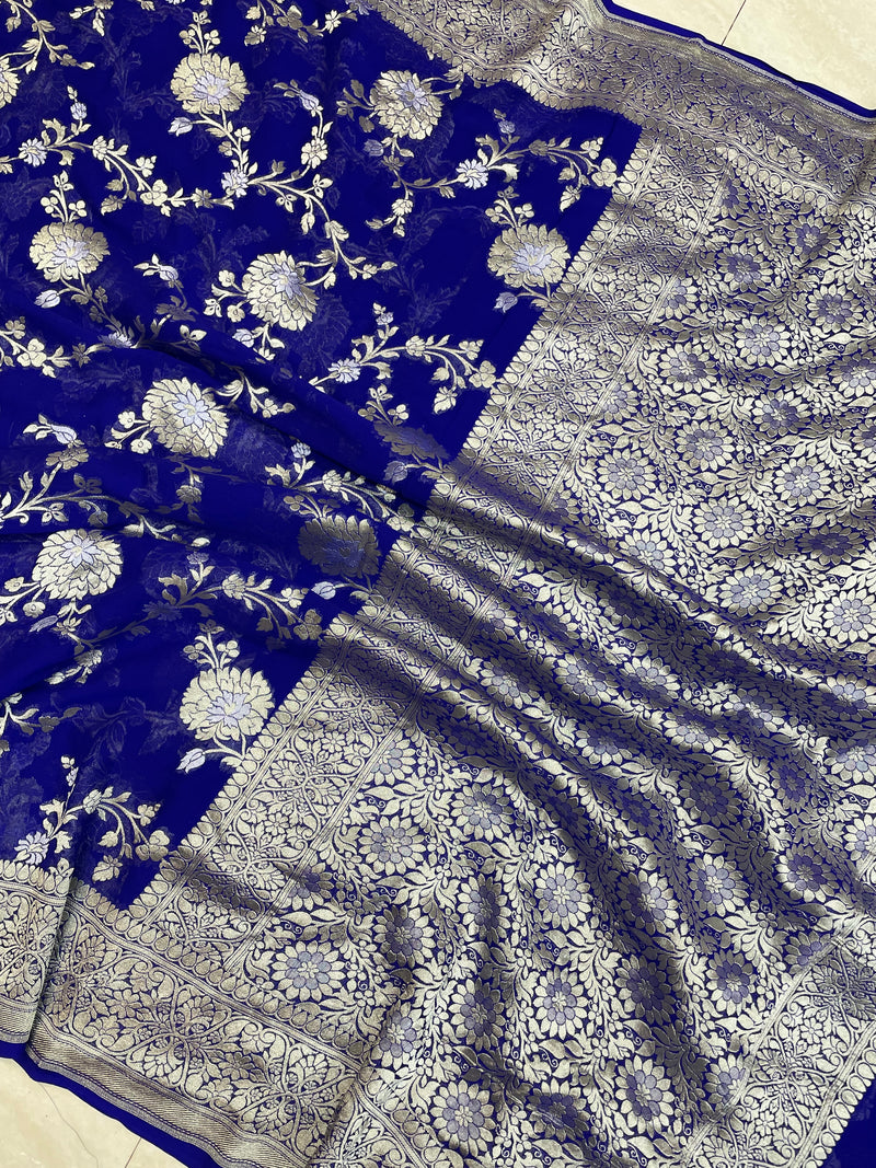 Pure Khaddi Georgette Handloom Banarasi Saree - All over sona roopa Jaal Work - The Handlooms