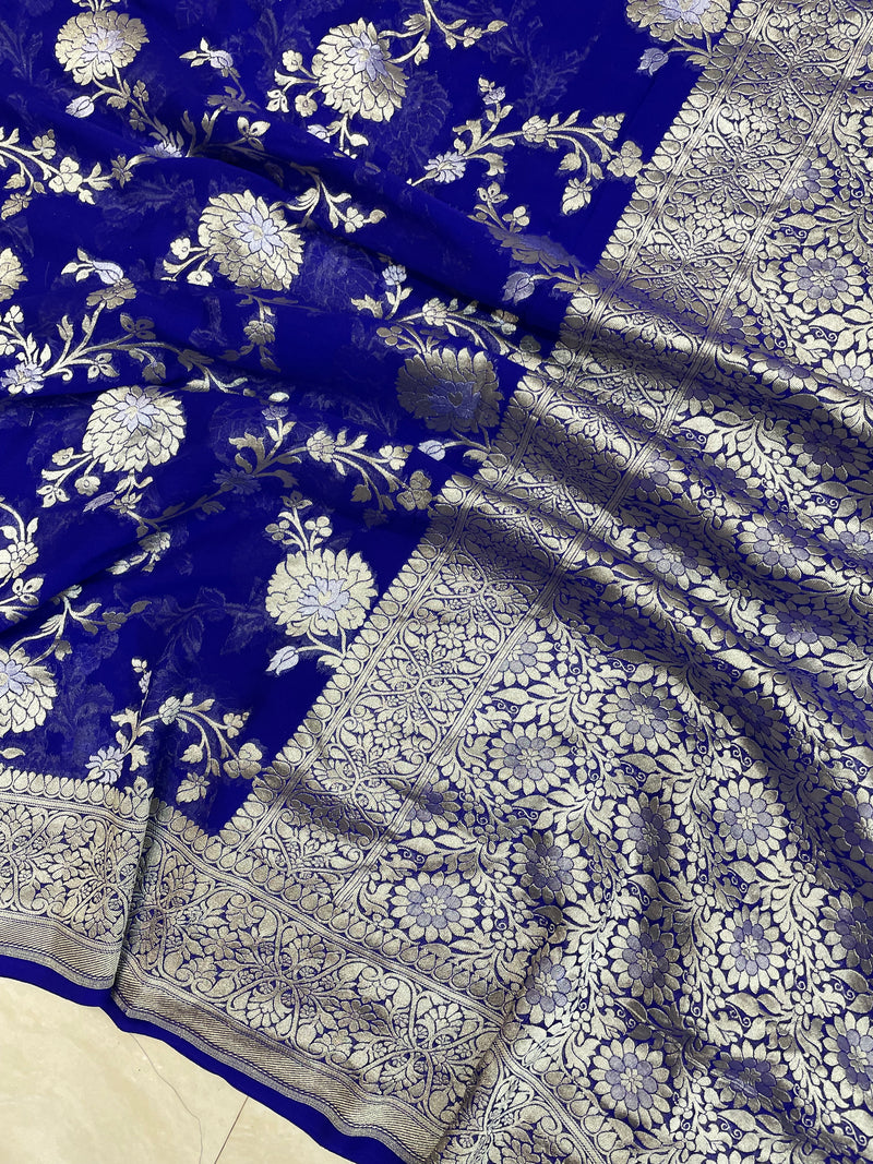 Pure Khaddi Georgette Handloom Banarasi Saree - All over sona roopa Jaal Work - The Handlooms