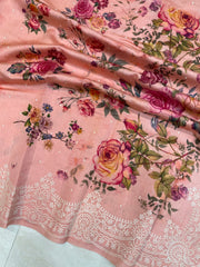 Pure Chiniya Silk Handloom Banarasi Saree Digital Print with Chikankari - The Handlooms