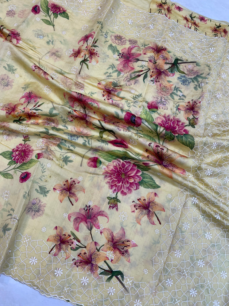 Pure Chiniya Silk Handloom Banarasi Saree Digital Print with Chikankari - The Handlooms